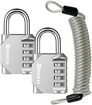 4 Digit Combination Lock with Steel Security Cable and Outdoor Waterproof Padlock for Luggage, Gym Locker, Cabinet, Gate, Helmet, Bike (Silver,Pack of 3)