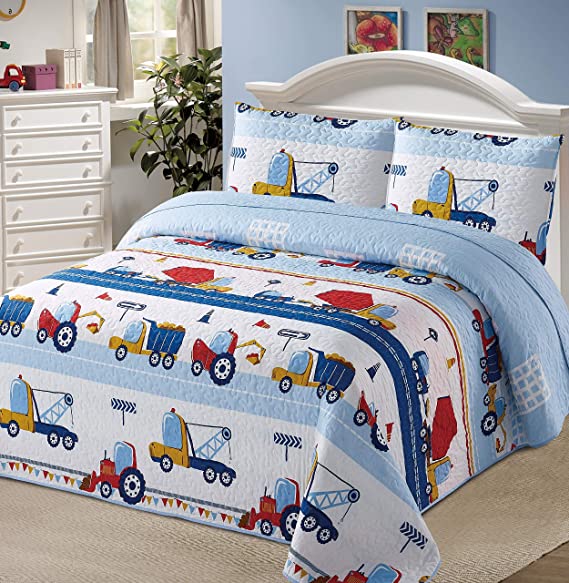 Better Home Style White Blue Red Construction Site Kids/Boys/Toddler Coverlet Bedspread Quilt Set with Pillowcases and Tractor Dump Truck Cement Mixer and Excavator # Con Site (Twin)