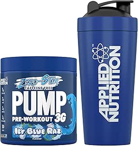 Applied Nutrition Pump Zero Pre Workout   750ml Steel Protein Shaker - Zero Stim, Caffeine Free, Energy & Performance (375g - 25 Servings) (ICY Blue Raz)