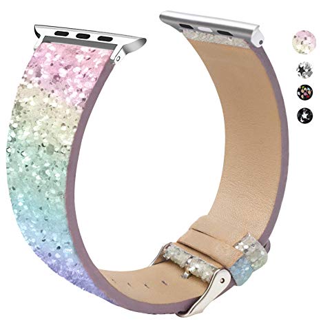 EurCross Glitter Band Compatible with Apple Watch Band 38mm 40mm 42mm 44mm, Shiny Bling Women Girls Leather Wristband Heart Sparkle Compatible with iWatch Series 5 Series 4 Series 3 Series 2 Series 1