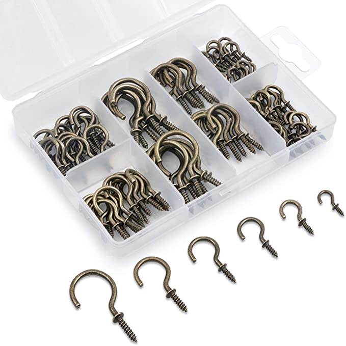Bronze Screw-in Cup Hooks Kit, 105Pcs Ceiling Hooks in 6 Size for Hanging-(1/2", 5/8", 3/4", 7/8", 1'', 1-1/4")