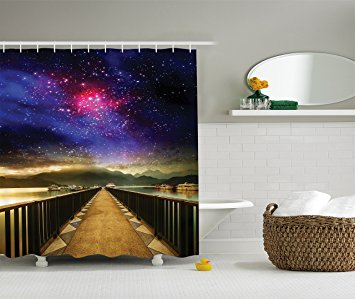 Galaxy Shower Curtain Universe Decor by Ambesonne, Galaxy Cosmos and Wooden Bridge Panoramic View Celestial Print, Polyester Fabric Bathroom Shower Curtain Set with Hooks, Blue Magenta Black