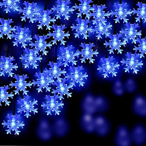 Winter Wonderland Snowflake String Lights, 10ft 30 LED, Battery Powered, 8 Modes, Remote and Timer Control Decoration for Snow Theme Church Wedding Birthday Parties (Blue)