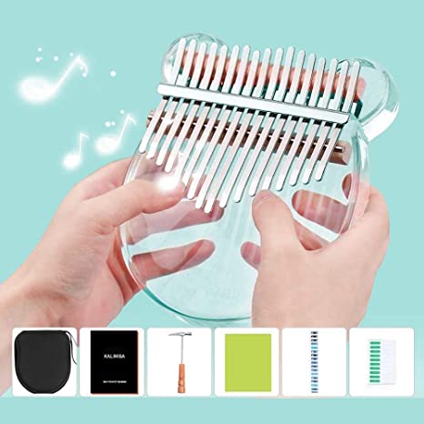 17-Key Kalimba Thumb Piano, Portable Transparent Acrylic Mbira Wood Finger Piano with Eva bag, Tuning Hammer and Study Instruction, Musical Instrument Gifts for Kids Adult Beginners (Bear Shape)