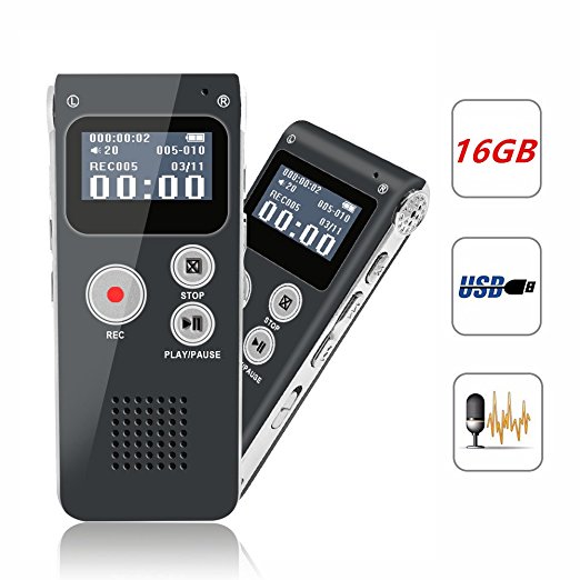 Digital Voice Recorder, Portable Recorder, Multifunctional Rechargeable Dictaphone, FlatLED Audio Voice Recorder Dictaphone, MP3 Music Player with Mini USB Port and Color LCD display, 16GB (Grey)