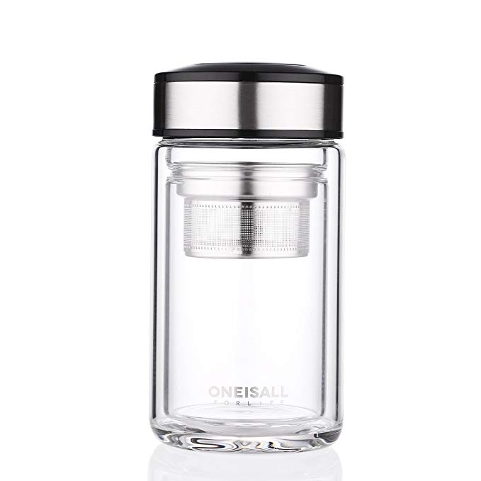 ONEISALL Double Wall Glass Travel Tea Mug with Stainless Steel Filter, Glass Tea Infuser Travel Bottle for Loose Leaf Tea, 320ML(Stainless Steel)