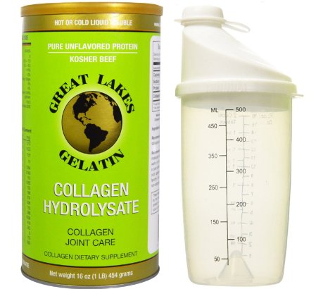 Great Lakes Gelatin Premium Grass-Fed Collagen Hydrolysate, Joint Care, GMO-Free Kosher Gelatin, 16 oz. w/ Chefwing Shaker Cup (Assorted colors)