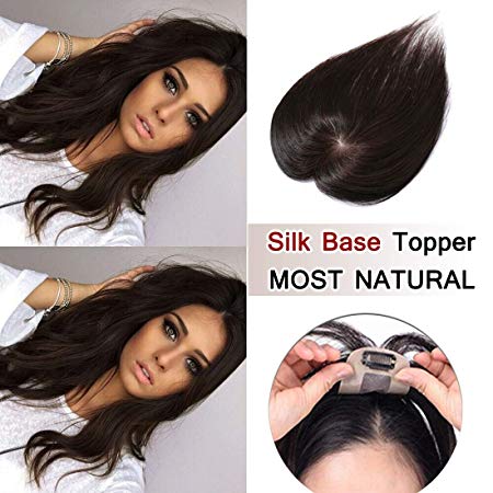 SEGO 100% Density Top Hair Pieces Silk Base Crown Topper Human Hair Clip in Hair Toppers Top Hairpieces for Women with Thinning Hair Gray Hair/Hair Loss #02 Dark Brown 12 Inch 20g