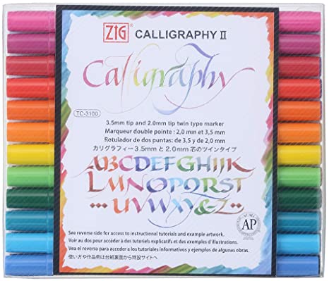 Kuretake ZIG Calligraphy Pens, 24 Colors set, 2mm. 3.5mm Dual Tip Markers, AP-Certified, No mess, Photo-Safe, Acid Free, Lightfast, Odourless, Xylene Freeing, For Beginners, Made in Japan