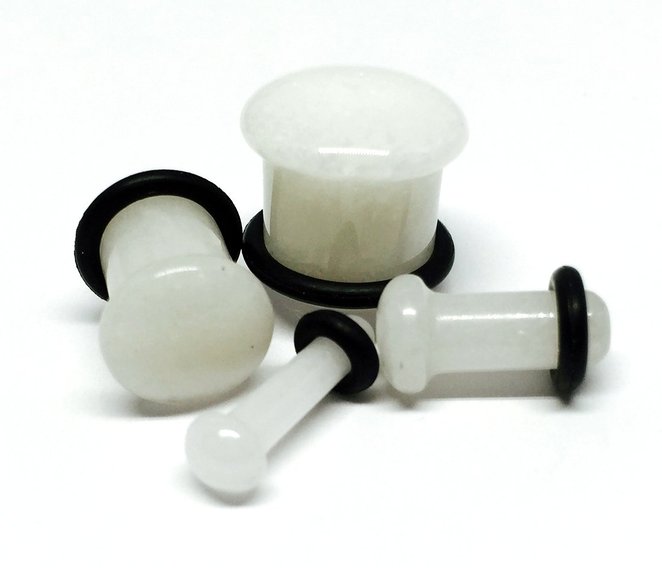 Single Flare White Jade Stone Plugs - 2g - 6mm - Sold As a Pair