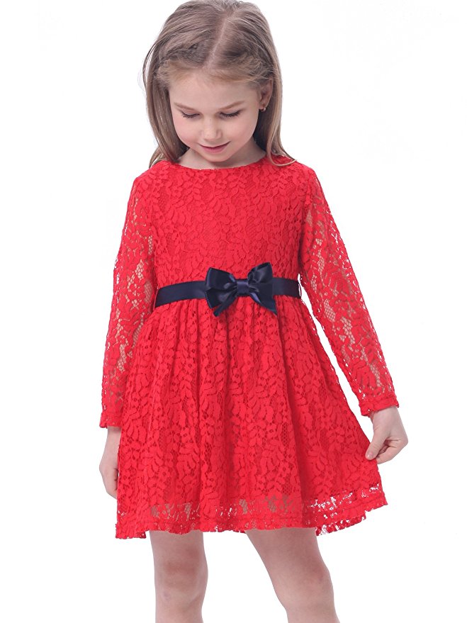 Bonny Billy Girls Long Sleeve Midi Lace Party Kids Dress with Bow Sash