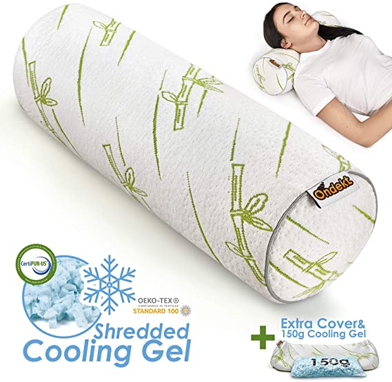 Neck Roll Pillow with Cooling Shredded Foam Filling for Sleeping or Support – Breathable Cylinder Round Cushion – Comfortable Cervical Pillow – Washable Cover – Bonus Bamboo Cover   Bag of 150g Foam