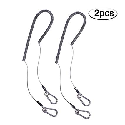 Retractable Coil Lanyard with Carabiner (2pcs) Safety Long Coiled Tether for Tools/Rods/Fishing Tackle (Black)