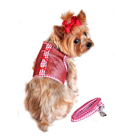 Gingham and Bows Cool Mesh Dog Harness and Leash - Red