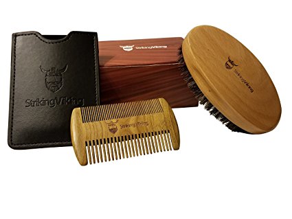 Wooden Boar Bristle Brush and Comb Set with Case from Striking Viking - Anti-Static Wood Pocket Comb with Fine & Coarse Teeth Plus Firm Boar Bristle Brush