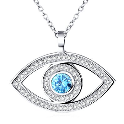 Rhodium Plated Sterling Silver Evil Eye Hamsa Blue White CZ Pendant Necklace,18''