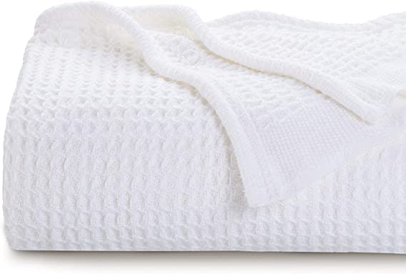 Bedsure 100% Cotton Thermal Blanket - 405GSM Soft White Blanket in Waffle Weave for Home Decoration - Perfect for Layering Any Bed for All-Season - Queen Size (90 x 90 inch), White