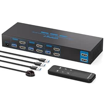 HDMI KVM Switch 2 Monitors 3 Computers EDID 4K@60Hz USB 3.0 KVM Switches Dual Monitor 3 Ports for Triple PC Share Keyboard Mouse and Other 2 USB Devices with Wireless Controller