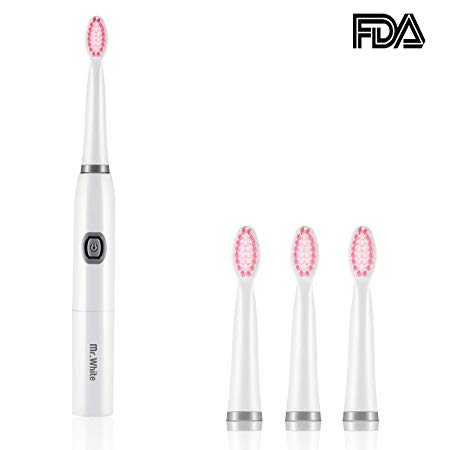 Mr.White Battery Toothbrush IPX7 Waterproof with 4 Replacement Heads Economical Toothbrush for Travel and Family