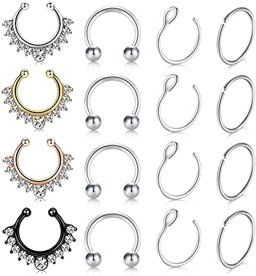 vcmart Fake Nose Rings Hoop 12-16pcs Stainless Steel Faux Fake Lip Ear Nose Septum Ring Non-Pierced Clip On Nose Hoop Rings