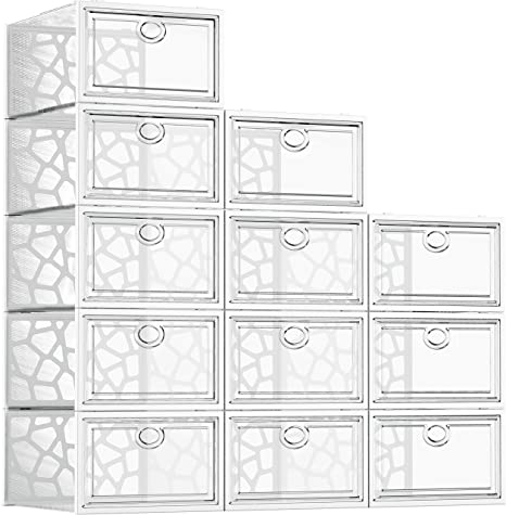 Shoe Boxes Clear Plastic Stackable, 12 Pack Shoe Storage Box Organizer for Closets, Foldable Sneaker Storage Fit for Size 11