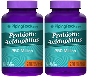 Piping Rock Probiotic Acidophilus 250 Million Organisms 2 mg 2 Bottles x 240 Capsules
