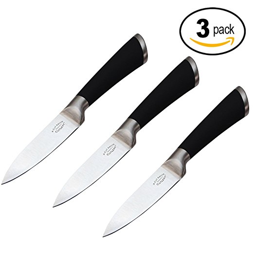 A Cut Above Cutlery 3 Pack Paring Knives Forged Stainless Steel, Slip Resistant Grip, 3.5 Inch Blade Holds Edge Well So You Sharpen Less Often. Peel, Core, Prep, Fruit, Veggies and Sushi (3 Items)