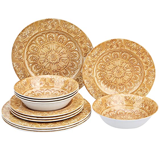 AmazonBasics 12-Piece Melamine Dinnerware Set - Service for 4, Faded Glaze Brown