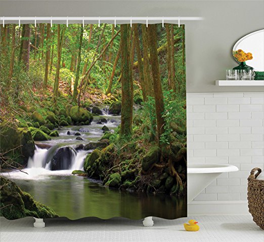 Nature Shower Curtain Green Decor by Ambesonne, Waterfall and Stream Flowing in the Forest over Mossy Rocks Tree Foliage Splash Hiking, Bathroom Accessories, With Hooks, 69W X 70L Inches, Green Brown