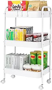 Vtopmart 3 Tier Metal Rolling Cart, Utility Rolling Carts with Wheels, Handle and Lockable Casters, Storage Trolley with Hooks, Easy Assemble for Kitchen, Living Room, Office, Nursery, Garage (White)