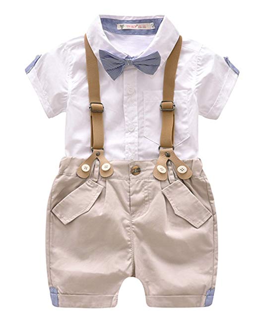 Toddler Baby Boys Gentleman Summer Suits Set Bowtie Shirt Bib Shorts Overalls