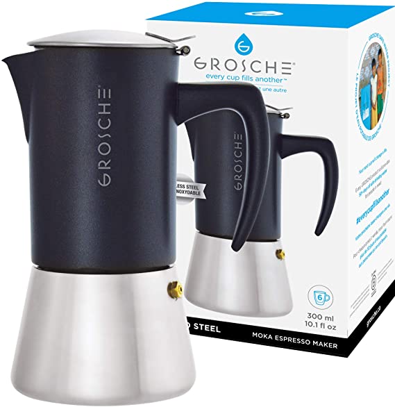 GROSCHE Milano Steel 6 Cup Stainless Steel Stovetop Espresso Maker Moka Pot - Cuban Coffee Maker Italian Espresso Greca Coffee Maker for Induction Gas or Electric stoves