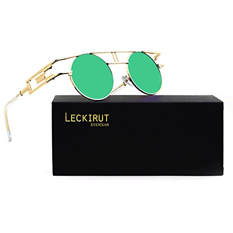 Leckirut Women Men Round Sunglasses Retro Vintage Steampunk Style Mirror Reflective Circle lens