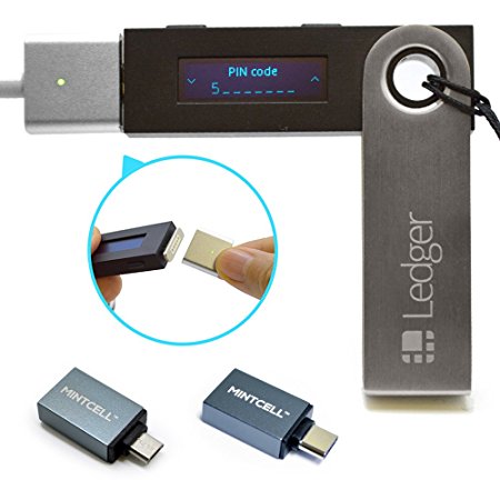 Ledger Nano S - Cryptocurrency Hardware Wallet With MintCell Magnetic USB Cable, USB C Adapter, Micro USB Adapter and Cable Tie Adds MacBook & Android Compatibility
