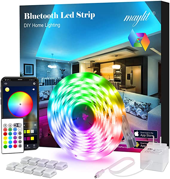 maylit Led Lights strip for Bedroom, 16.4ft Bluetooth APP Controller RGB LED Strip Lights, 5050 LEDs Music Sync Color Changing Kit with Remote and 12V Power Supply, Room, Home Decoration