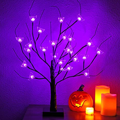 24" Lighted Table Tree Lights with Purple Bat, Battery Operated with 24 LED for Halloween Decorations, Halloween Decor Desk Indoor Outdoor Bedroom Home Party