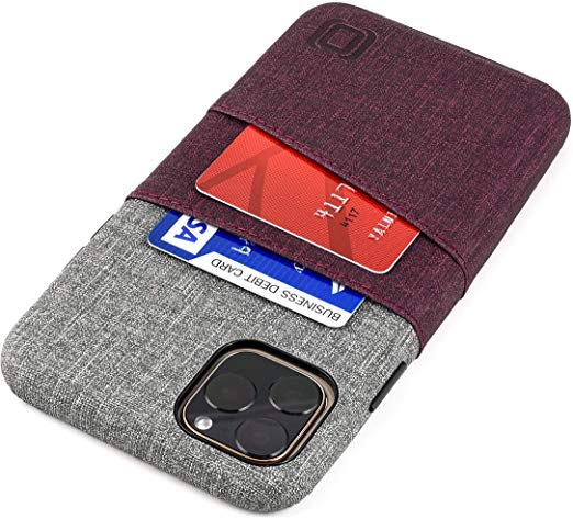 Dockem Luxe M2 Card Case for iPhone 11 Pro Max (6.5): Built-in Invisible Metal Plate, Designed for Magnetic Mounting: Slim Canvas Style Synthetic Leather Wallet Case (Maroon & Grey)