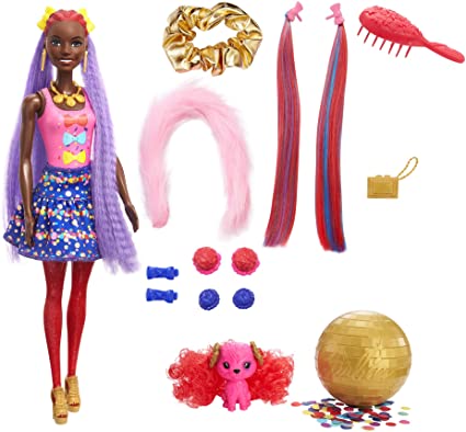 Barbie Color Reveal Glitter! Hair Swaps Doll, Glittery Blue with 25 Hairstyling & Party-Themed Surprises Including 10 Plug-in Hair Pieces, Gift for Kids 3 Years Old & Up