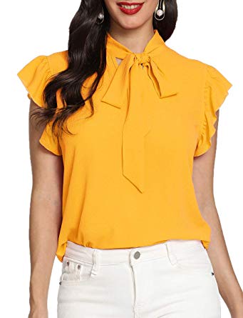 Romwe Women's Casual Short Sleeve Ruffle Bow Tie Blouse Top Shirts