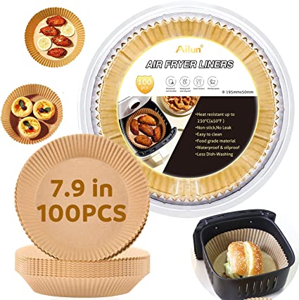 Ailun Air Fryer Disposable Paper Liner, 100PCS Non-Stick Air Fryer Parchment Liners, Oil Resistant, Waterproof, Food Grade Baking Paper for Baking Roasting Microwave 7.9inch