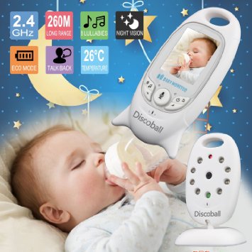 Discoball® 2.0 Inch Color LCD Wireless Digital Audio Video Security Baby Monitor 2 Way Talk Night Vision Alarm Sensor with Lullabies Temperature Talking Built-in Battery