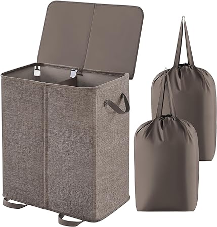 Lifewit Double Laundry Hamper with Lid and Removable Laundry Bags, Large Collapsible 2 Dividers Dirty Clothes Basket with Handles for Bedroom, Laundry Room, Closet, Bathroom, College, Brown