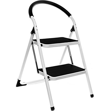 Delxo 2 Step Ladder Folding Step Stool Steel Stepladders with Handgrip Anti-slip Sturdy and Wide Pedal Steel 330lbs White and Black Combo(WK2061A-2)