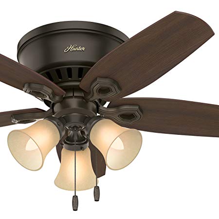 Hunter Fan 42 inch Low Profile Traditional Ceiling Fan in New Bronze - Three-Light Fitter with Cased White Glass (Renewed) (New Bronze)