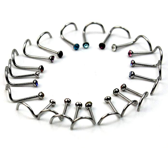 CrazyPiercing 20pcs Colorful Rhinestone Steel Screw Nose Rings Studs Bar Pin Piercing Jewelry