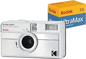 KODAK EKTAR H35N Half Frame Film Camera Bundle with Kodak Ultramax 400/24EXP 35mm Roll Film (Striped Silver, Bundle)