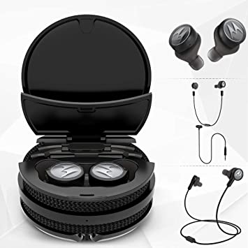 Motorola Tech3 3-in-1 Smart True Wireless Headphones - Cordless Earbuds, Sport Wire, Audio Plug-in - IPX5, Built-in Microphone, Magnetic Charging Case with Cable Storage System - Titanium Black