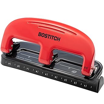 Bostitch Office Three Hole Punch Ez Squeeze Hole Puncher 20 Sheet Standard - Metal Construction - Red