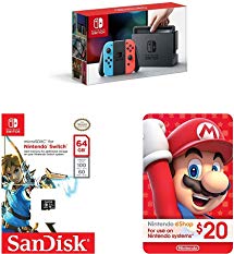 Nintendo Switch - Neon Blue and Red Joy-Con   SanDisk 64GB microSDXC UHS-I card   eCash - Nintendo eShop Gift Card $20 bundle