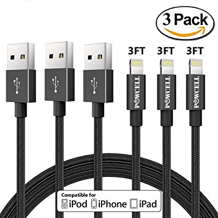 Value Pack of 3 POWCELL Extra Charger Cord for iPhone, Nylon Braided USB Lightning Charge & Sync Cable Compatible with iPhone X iPhone 8/8 Plus 7/7 Plus/6s/6s Plus/6/6 Plus/5/5S/5C (Black 3 Feet)